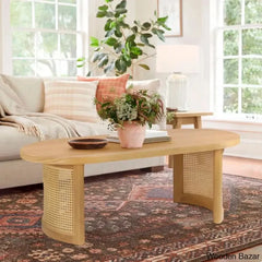 Antowiney 48āā Oval Solid White Oak Rattan Coffee And Center Table Natural