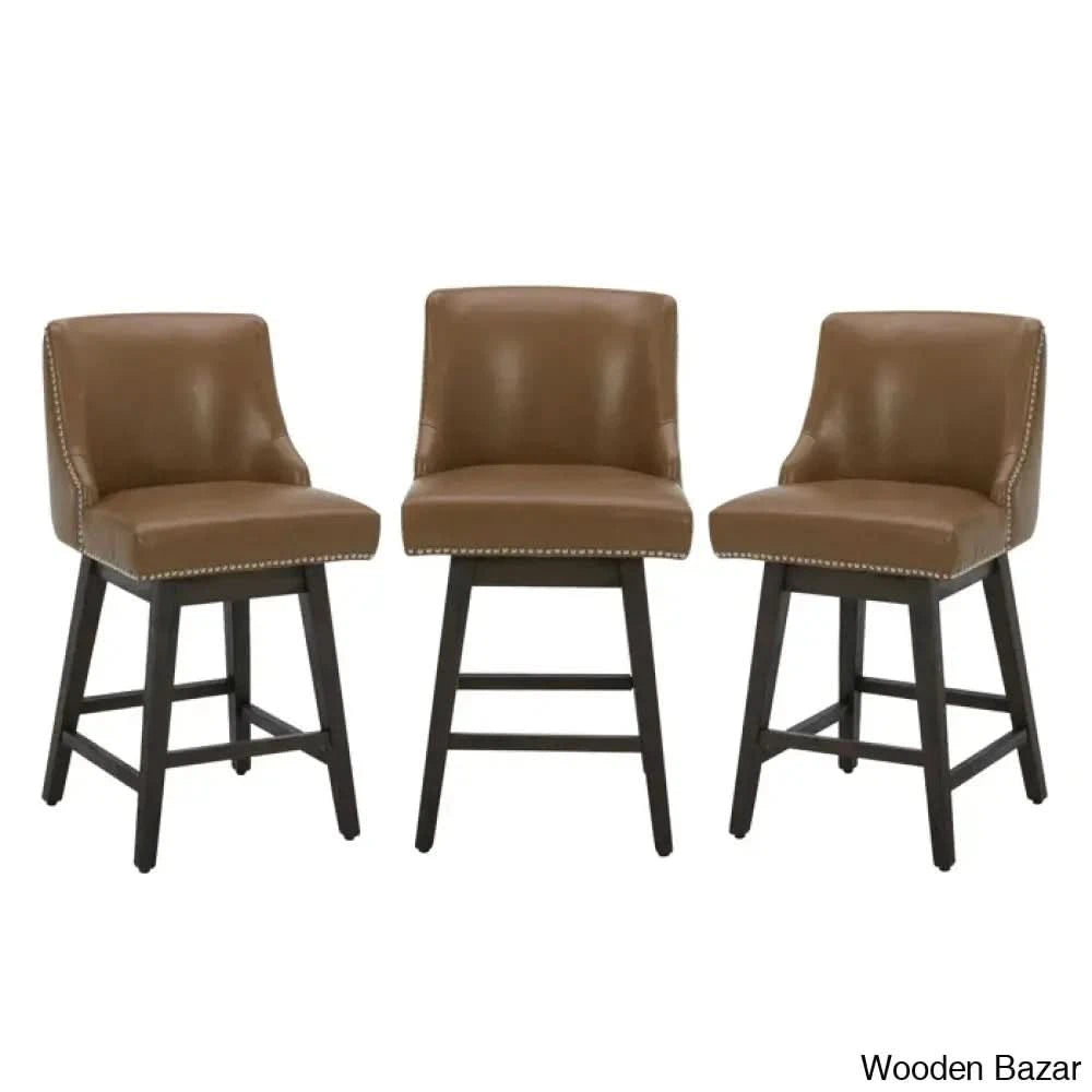 Arvellex Swivel Upholstered 26āā Counter Stool With Solid Wood Frame (Set Of 3) Saddle Brown