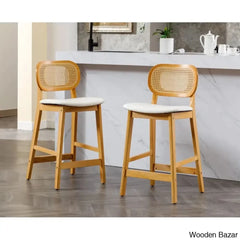 Azaraho Swivel Solid Wood 25.5āā Counter And Bar Stool (Set Of 2) / Faux Leather-Black