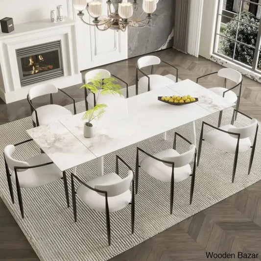 Barric Sintered Stone Table With 8 Luxurious Fabric Chairs - Wooden Bazar Chanel