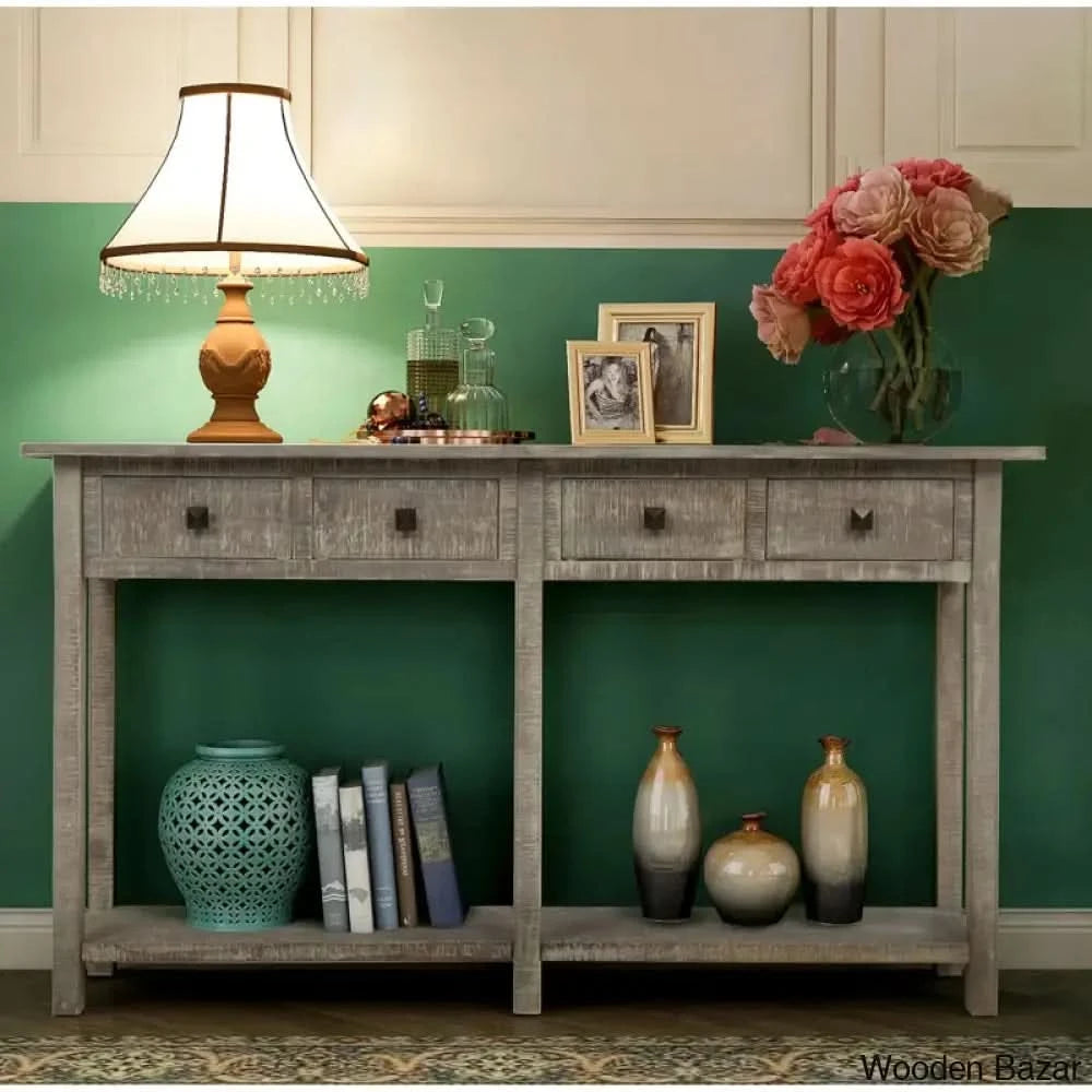 Batotana 59’’ Rustic Distressed Console Table With 4 Drawers And Shelf Entryway Sofa