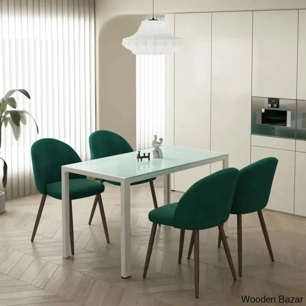 Blaan 4 Seater Glass Top Dining Set - Wooden Bazar Green/White