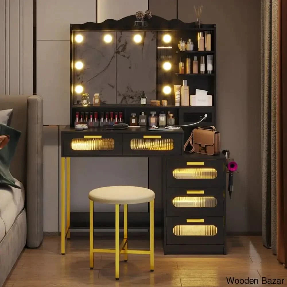 Braison Vanity Dressing Table With Mirror & Stool Black