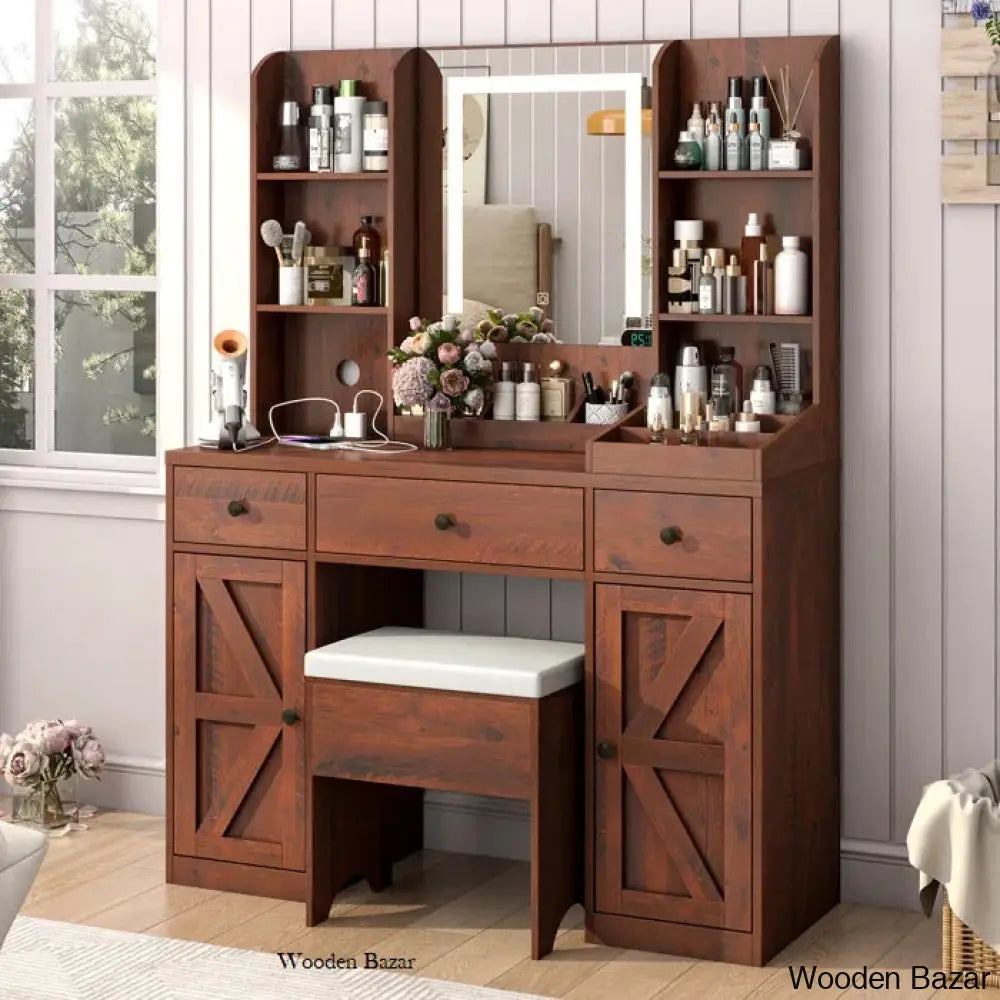 Caelin Makeup Vanity Dressing Table With Lighted Mirror Charging Station And Stool Brown
