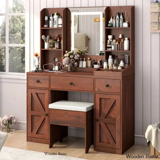 Caelin Makeup Vanity Dressing Table With Lighted Mirror Charging Station And Stool Brown