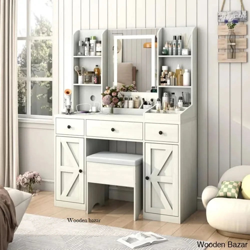 Caelin Makeup Vanity Dressing Table With Lighted Mirror Charging Station And Stool White