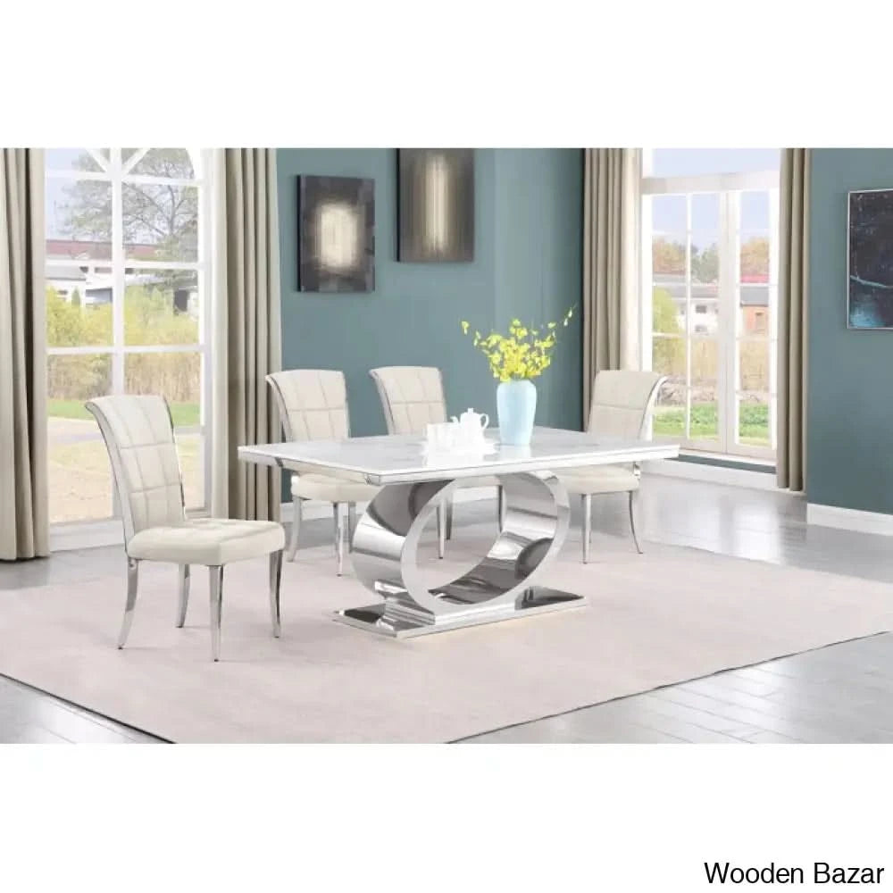 Carlot Latest Marble Top Pedestal Dining Set - Wooden Bazar 4 Seater