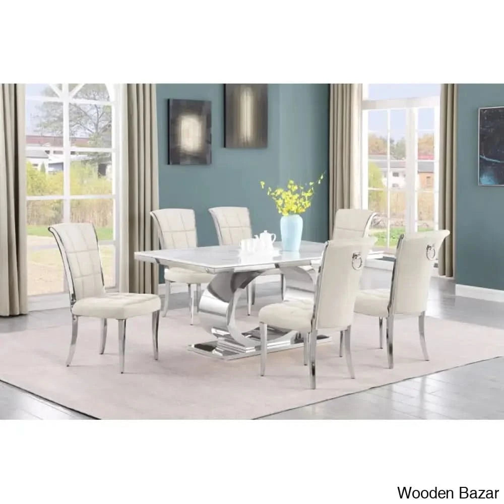 Carlot Latest Marble Top Pedestal Dining Set - Wooden Bazar 6 Seater