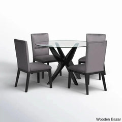Caron 4 Seater Glass Top Pedestal Dining Set - Wooden Bazar