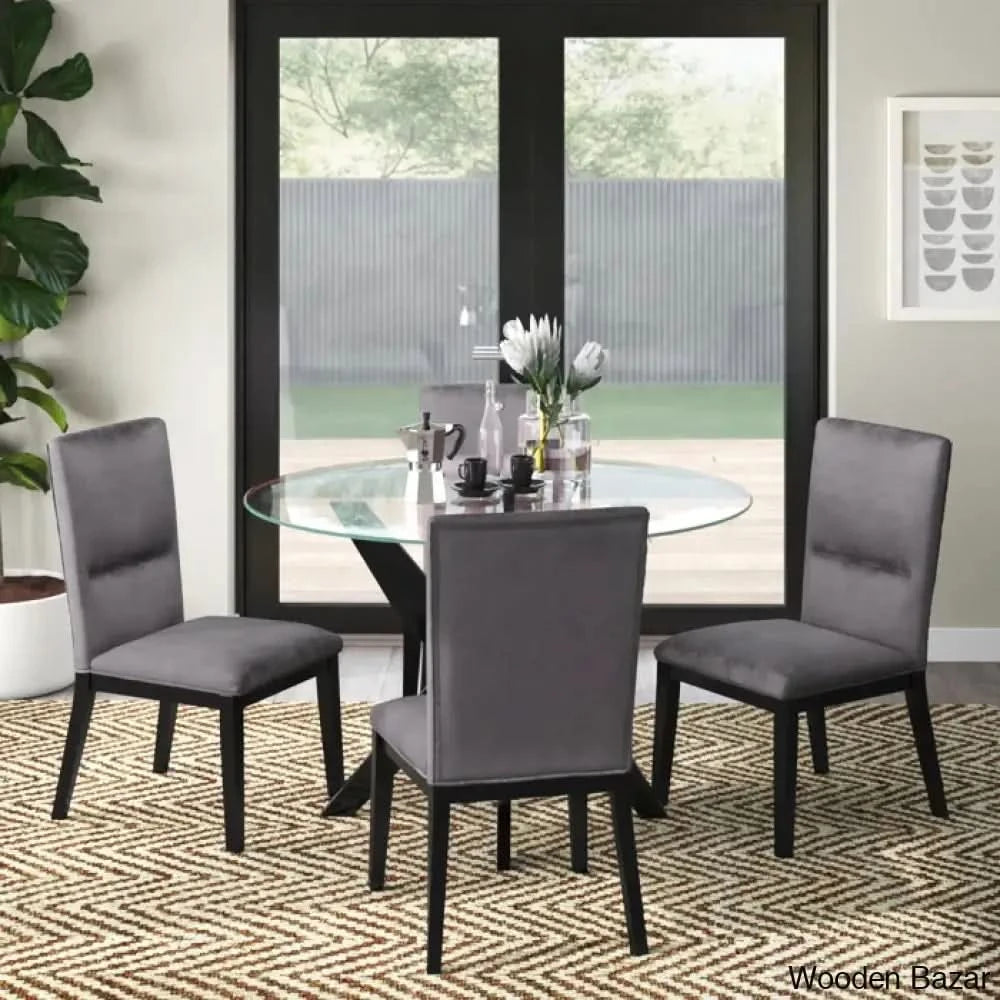 Caron 4 Seater Glass Top Pedestal Dining Set - Wooden Bazar Black