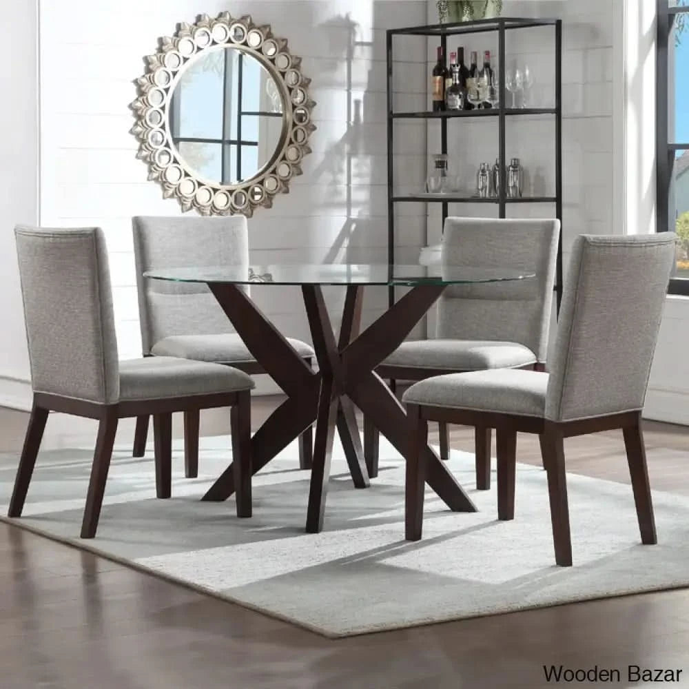 Caron 4 Seater Glass Top Pedestal Dining Set - Wooden Bazar Walnut Brown