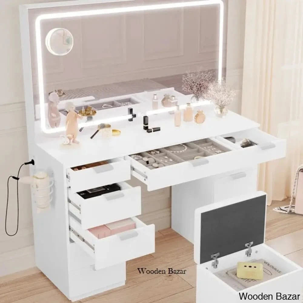 Cassanda 46’’ Vanity Dressing Table With Built-In Socket Illuminated Mirror And Hair Dryer Rack