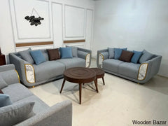 Contemporary Tweed Fabric Sofa Set 3 + 2 In Stylish Cloud Grey