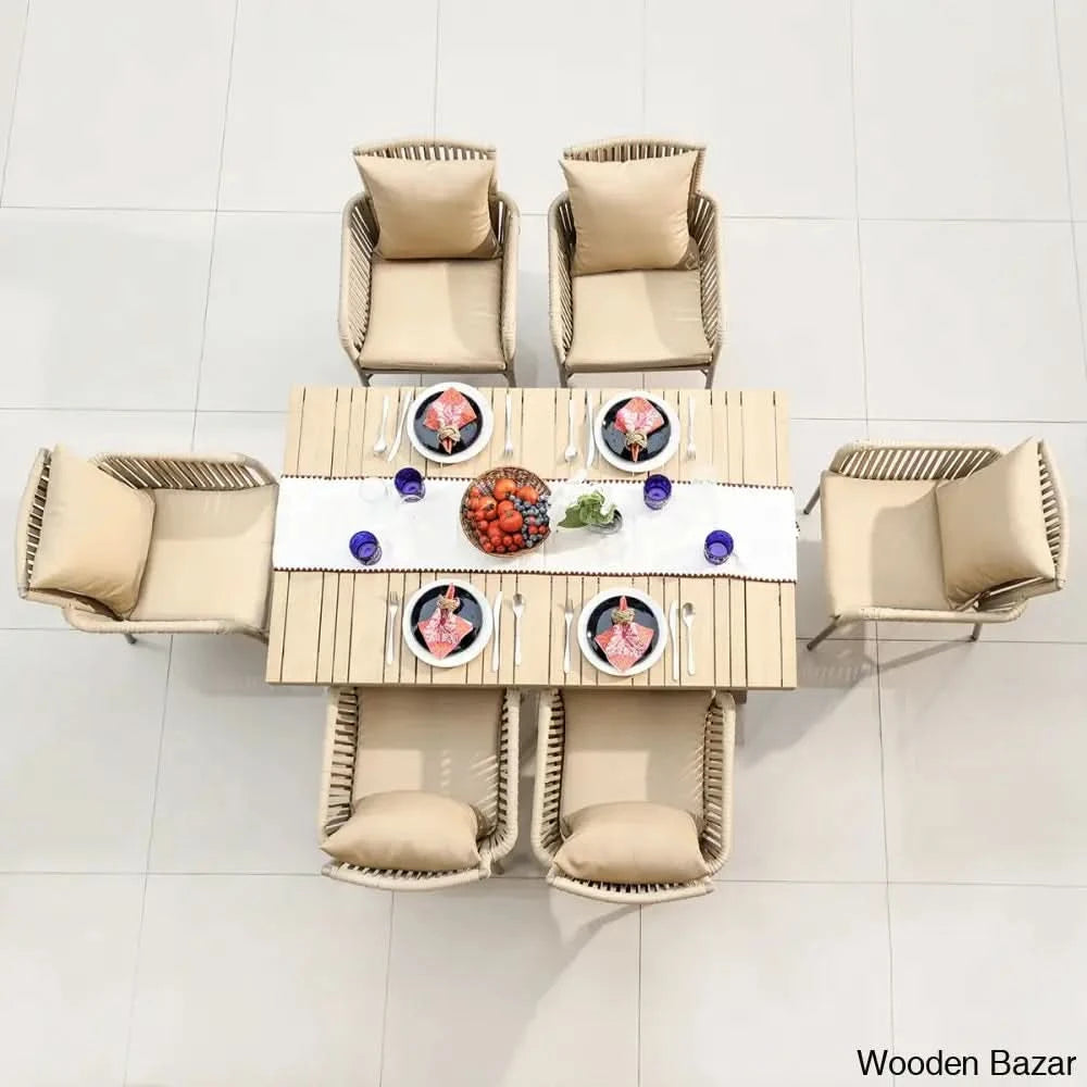 Cowden Luxury 6 Seater Outdoor Dining Set With Wood-Top Trestle Table Stylish Woven Rattan Armchairs