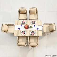 Cowden Luxury 6 Seater Outdoor Dining Set With Wood-Top Trestle Table Stylish Woven Rattan Armchairs