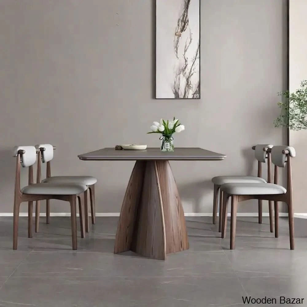 Daelen 6 Seater Stone Top Pedestal Dining Set - Wooden Bazar 29.5āāH X 63āāL 31.5āāW / 4 Seater