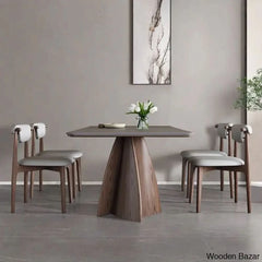 Daelen 6 Seater Stone Top Pedestal Dining Set - Wooden Bazar 29.5āāH X 63āāL 31.5āāW / 4 Seater