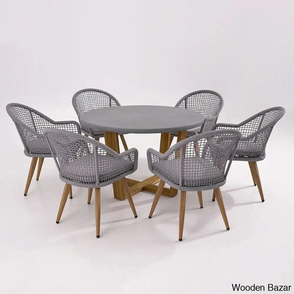Dawn 6 Seater Teak And Concreate Round Dining Set With Gray Woven Arm Chairs