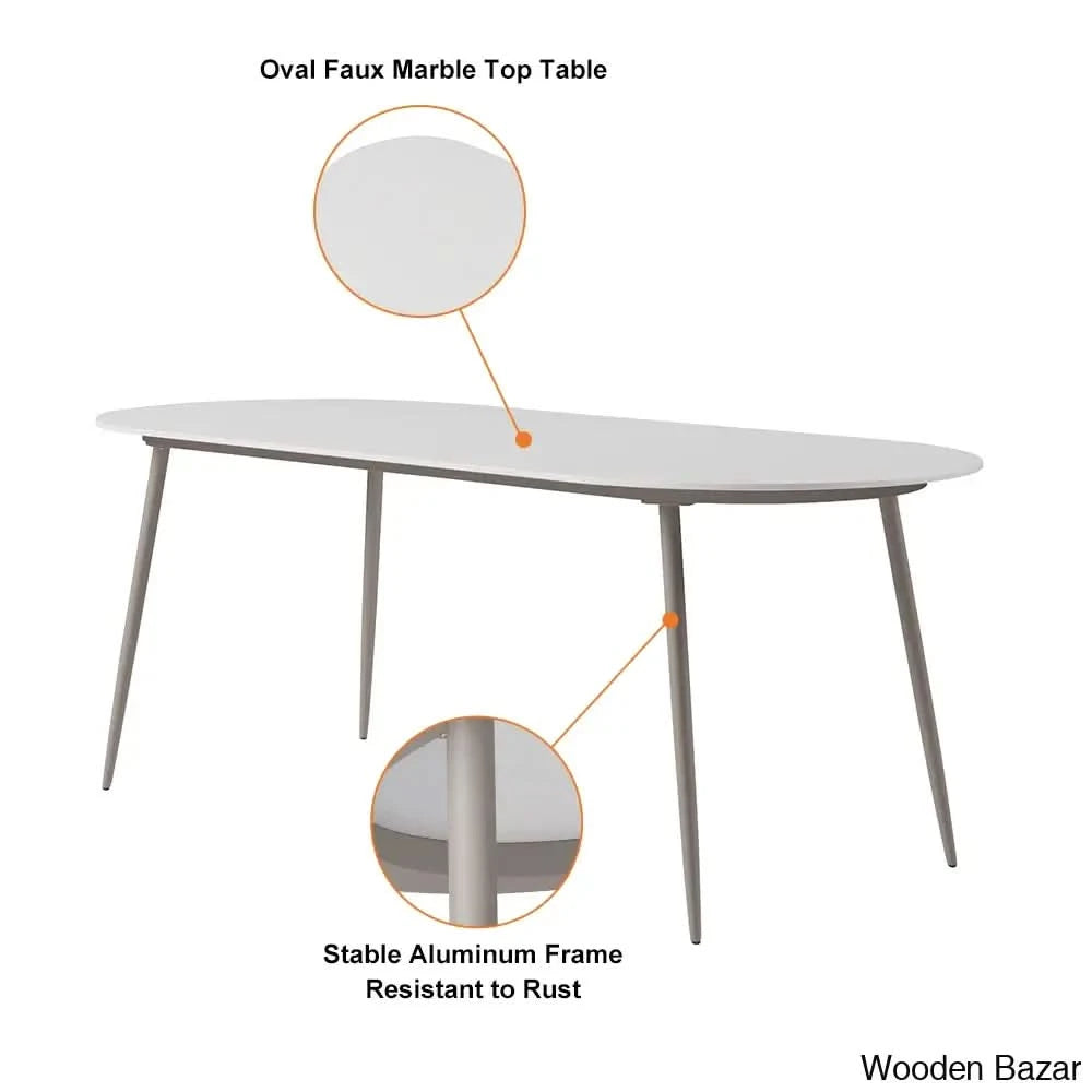 Delsie 6 Seater Oval Faux Marble Outdoor Dining Set With Rope Woven Armchairs