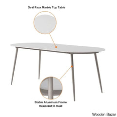 Delsie 6 Seater Oval Faux Marble Outdoor Dining Set With Rope Woven Armchairs