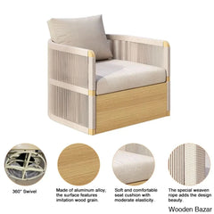 Denny Modern Khaki Swivel Sofa Set With Aluminium And Rope Design - Wooden Bazar