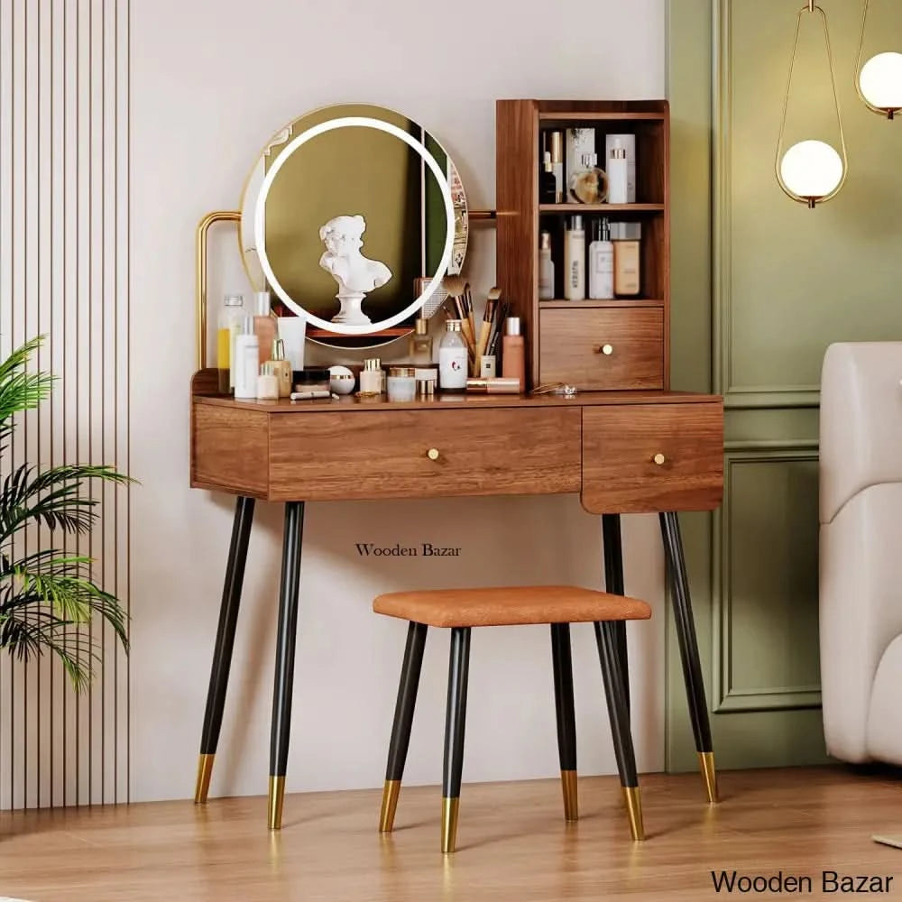 Deshawn Vanity Dressing Table Make Set With Touch Screen Dimming Mirror Stool Black/Brown