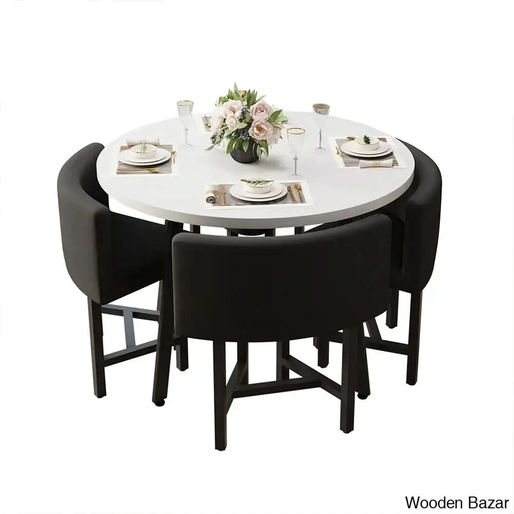 Devon Cozy 40’’ Round Wooden Dining Table Set With Blue Upholstered Chairs