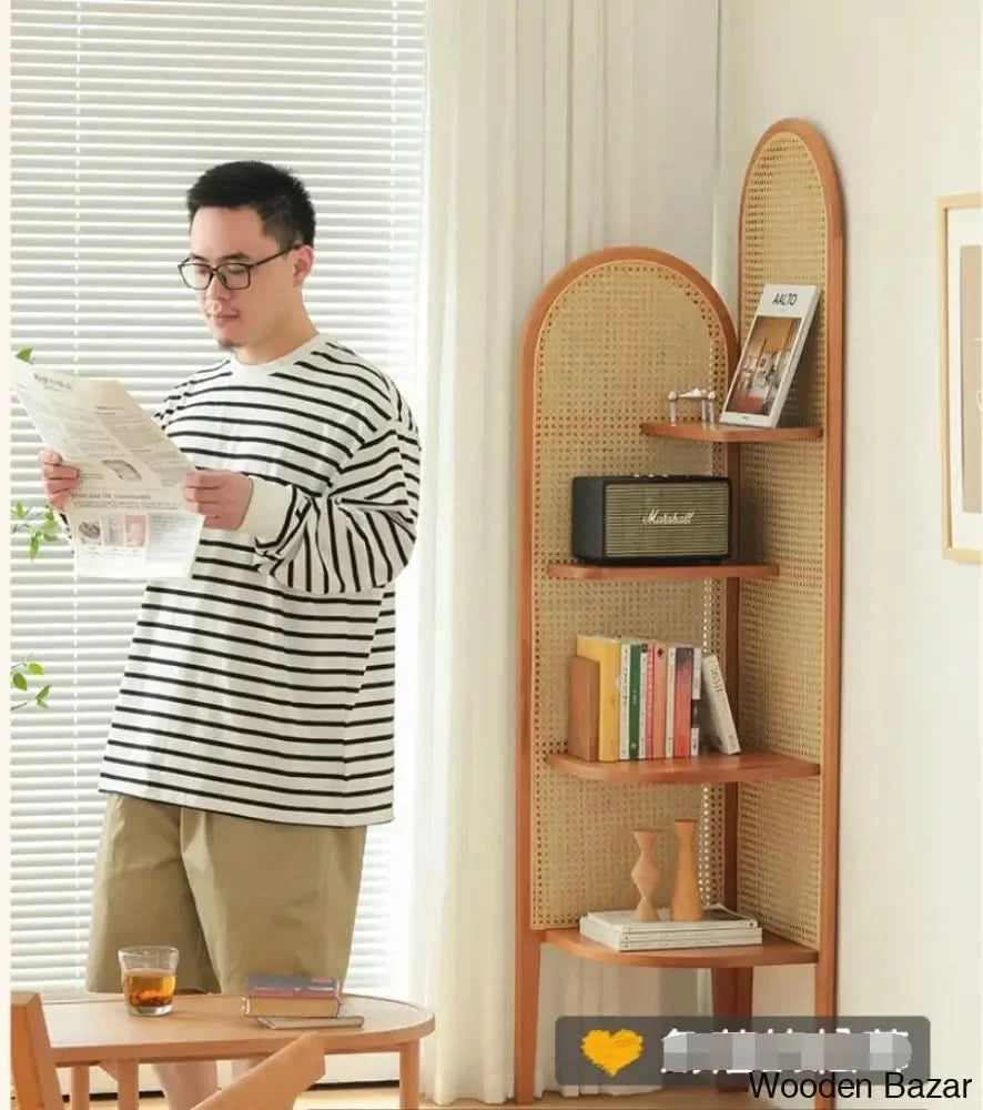 Ele Modern Rattan Corner Cabinet With Wooden Shelves Simple Triangle Storage & Bookshelf For