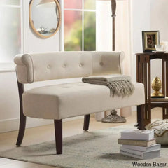 Elizabeth Tufted Linen Armless 2-Seater Settee With Wooden Legs - Bazar Cream