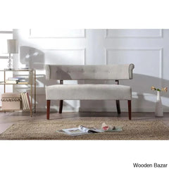 Elizabeth Tufted Linen Armless 2-Seater Settee With Wooden Legs - Bazar Silver Grey