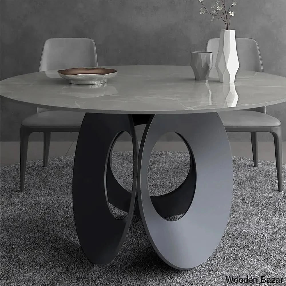 Emery Round Gray Dining Table With Stone Top And Wooden Base