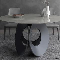 Emery Round Gray Dining Table With Stone Top And Wooden Base