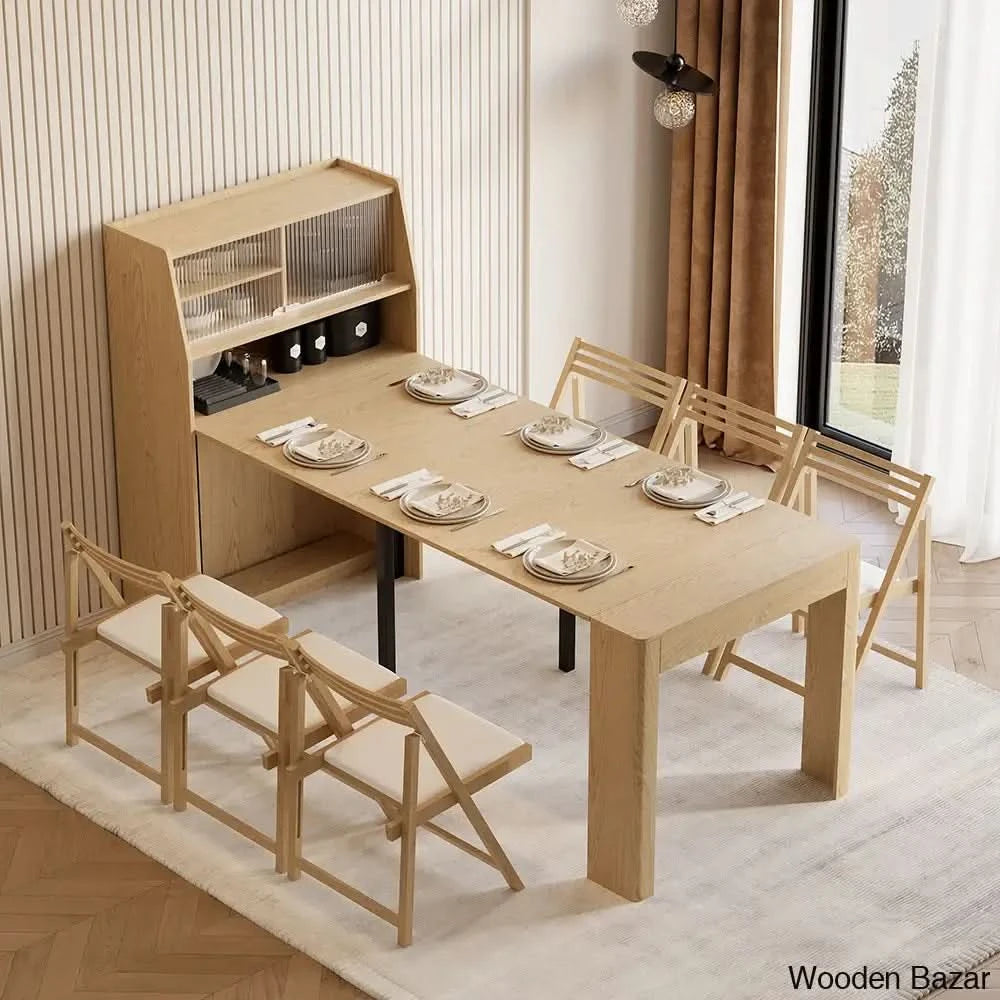 Evan Contemporary Extendable Dining Table With Integrated Storage & 2 Natural Solid Wood Folding