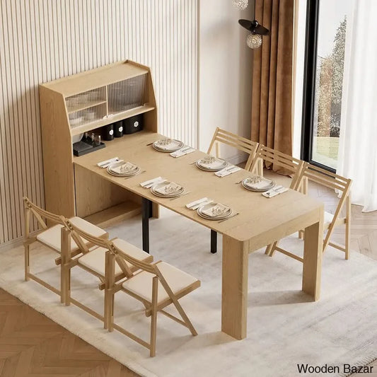 Evan Contemporary Extendable Dining Table With Integrated Storage & 2 Natural Solid Wood Folding