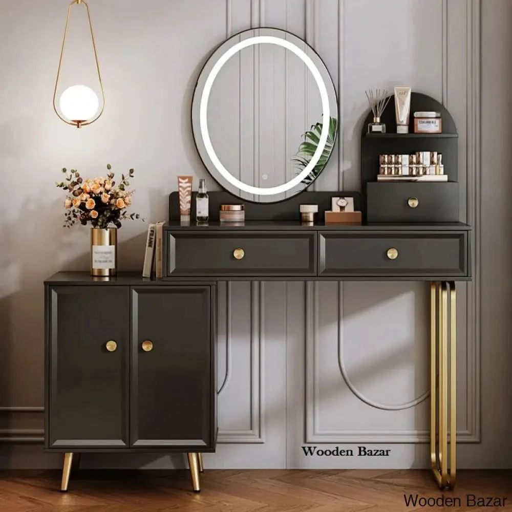 Evonna Black Modern Vanity Dressing Table Makeup With Led Mirror And 2 Spacious Drawers