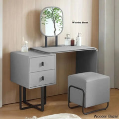 Faux Leather Chic Makeup Table And Vanity Stool Set Premium Dressing With Mirror Gray/Black