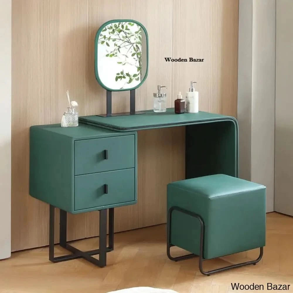 Faux Leather Chic Makeup Table And Vanity Stool Set Premium Dressing With Mirror Green/Black