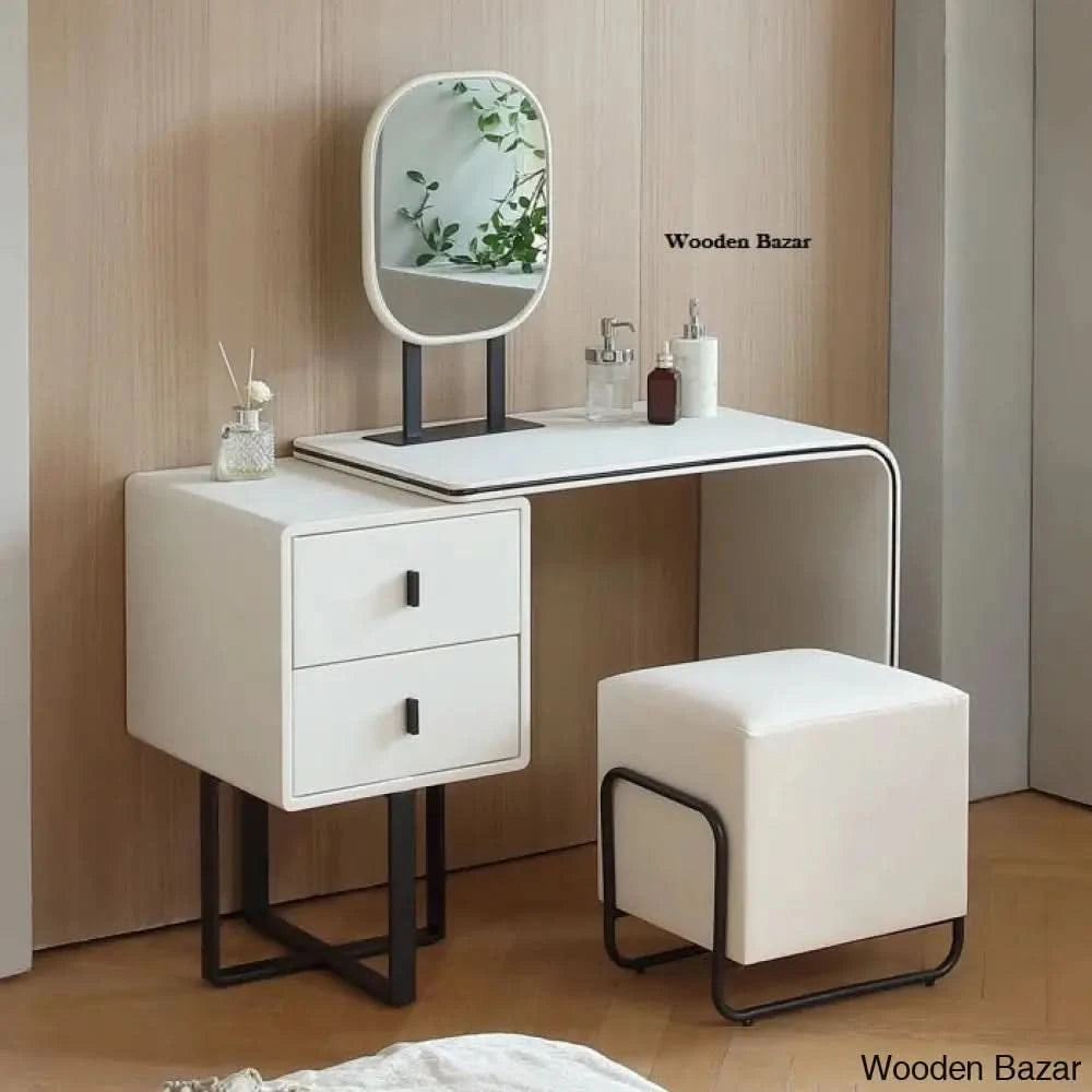 Faux Leather Chic Makeup Table And Vanity Stool Set Premium Dressing With Mirror White/Black