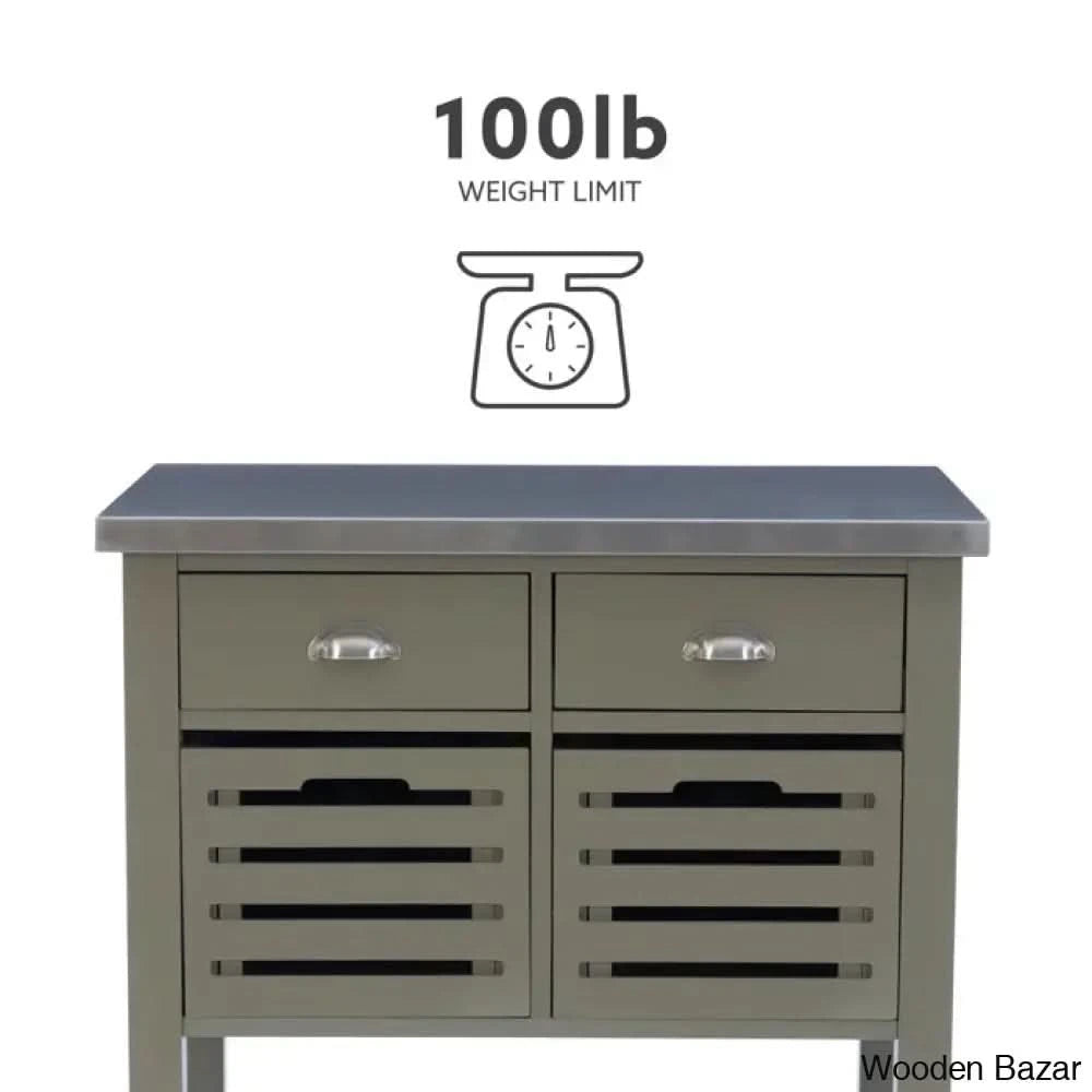 Fisnike Stainless Steel Top 2-Drawer Kitchen Trolley Cart With Storage Bins Cabinet Kitchen Island