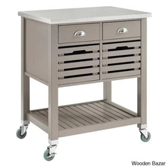 Fisnike Stainless Steel Top 2-Drawer Kitchen Trolley Cart With Storage Bins Cabinet Kitchen Island