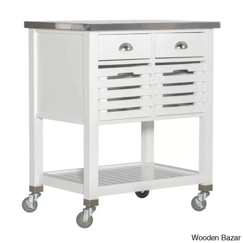 Fisnike Stainless Steel Top 2-Drawer Kitchen Trolley Cart With Storage Bins Cabinet Kitchen Island