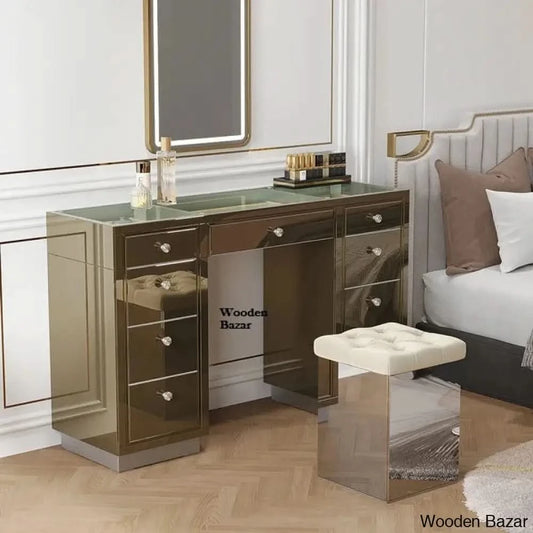 Glam Mirrored Makeup Vanity Set 9-Drawer Dressing Table With Glass Top