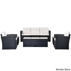 Go 6-Piece Outdoor Patio Set - Black Wicker & Beige Cushions With Sofas Ottomans And Coffee Table