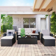 Go 6-Piece Outdoor Patio Set - Black Wicker & Beige Cushions With Sofas Ottomans And Coffee Table