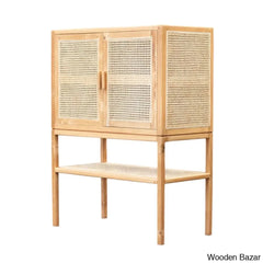 Green Solid Wood Stylish Cabinet With Rattan Cane Door - Wooden Bazar