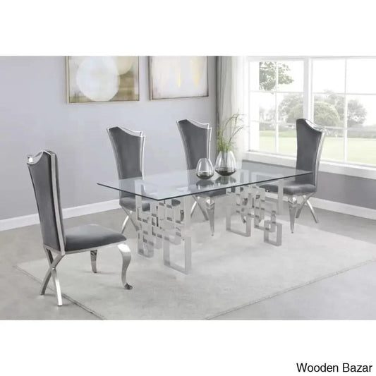 Harrisonn 4 Seater Luxury Glass Top Double Pedestal Dining Set Gray