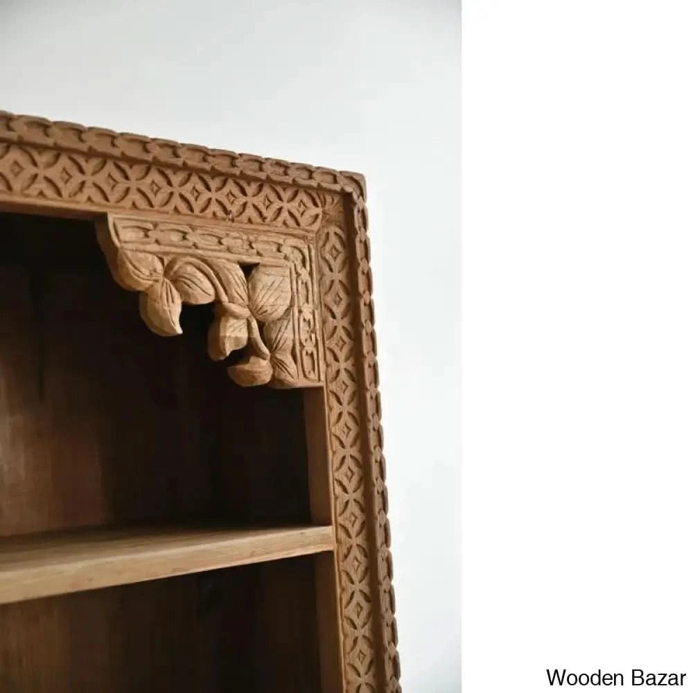 Haskel Hand Carved Storage Bookshelf With 3 Shelves - Wooden Bazar