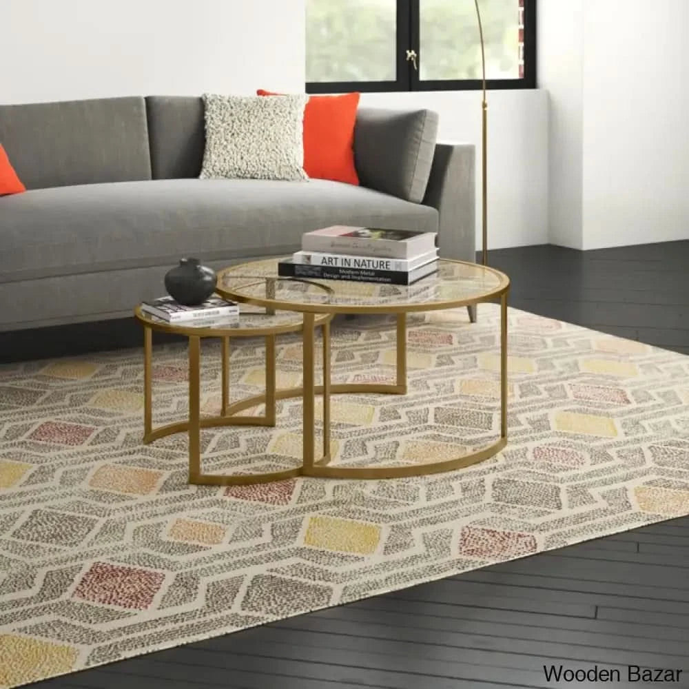 Ivaleye 36’’ Glass And Steel Round Nested Coffee And Center Tables Brass