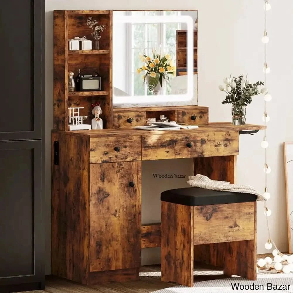 Jakaylen Makeup Vanity Dressing Table With Stool And Led Lighted Mirror Vintage Brown