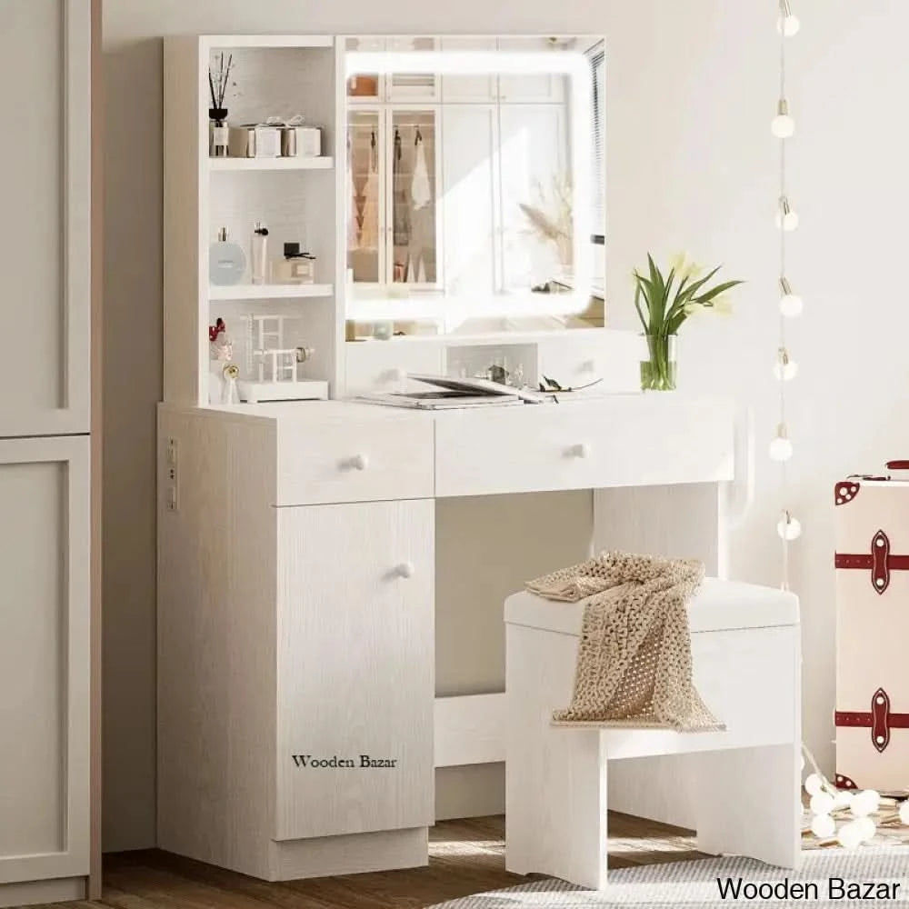 Jakaylen Makeup Vanity Dressing Table With Stool And Led Lighted Mirror White